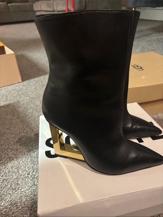 SCHUTZ Shoes - SCHUTZ Black Leather Pointed Ankle Boots with Gold Sculptural Heel